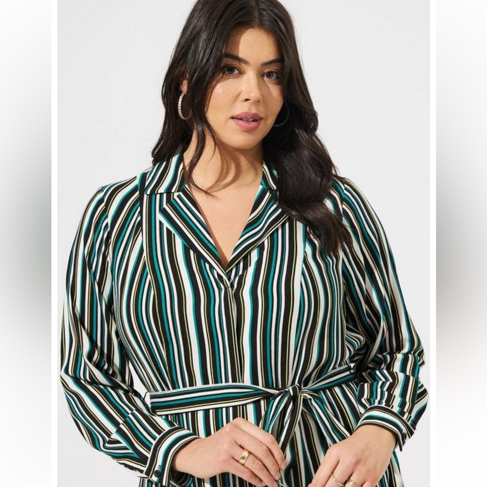Torrid Green Strope Long Sleeve Notched Collar Shirt Dress
